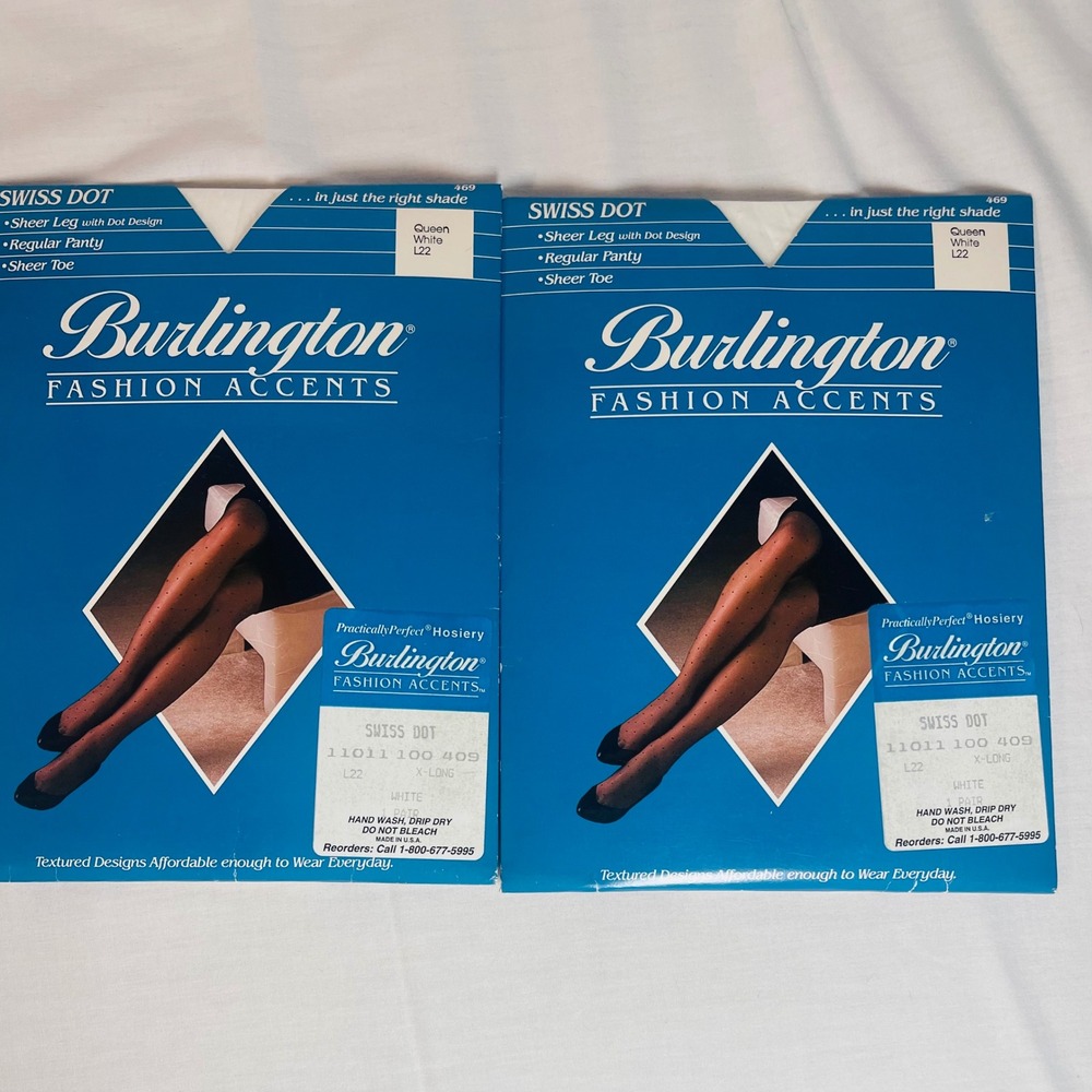 Burlington Swiss Dot Pantyhose Queen X-Long White L22 Vintage 2 Pairs NOS